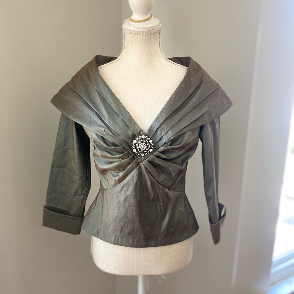 KM Collections by Milla Bell Metallic Portrait Neckline Blouse w Jeweled Pin